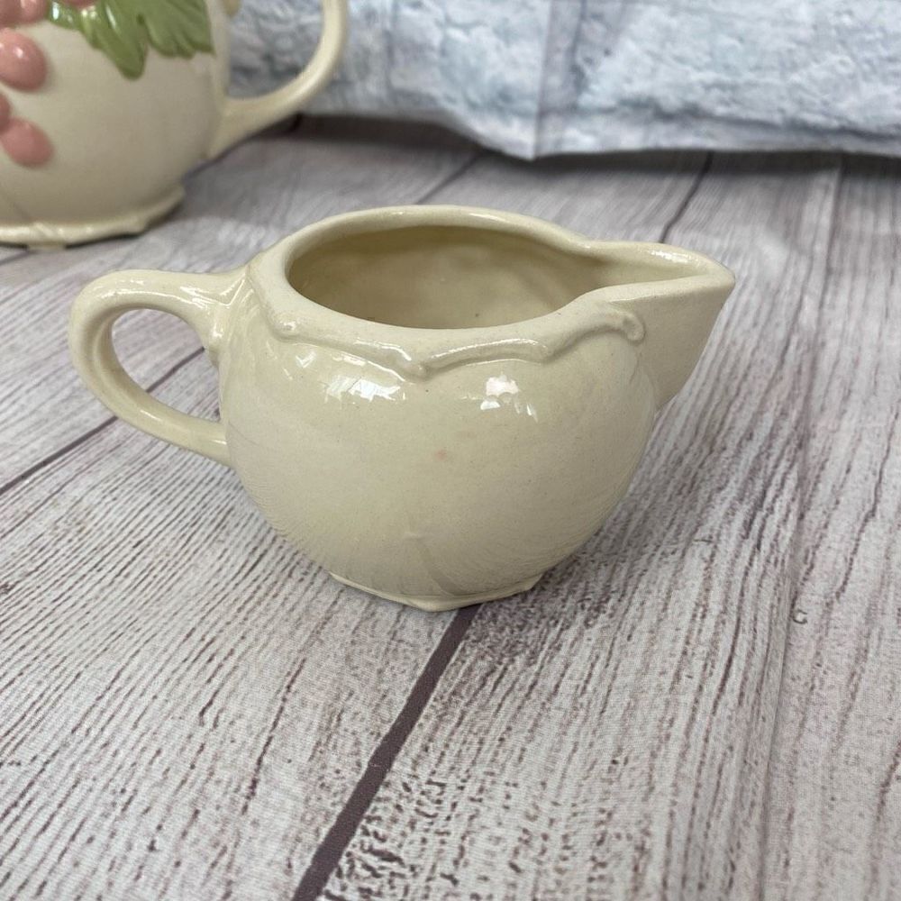 Teapot set w/leaves & grapes teapot sugar & creamer bowl ivory & pink - Picture 3 of 11